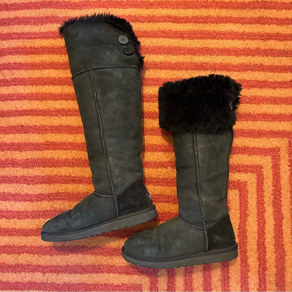 $395 UGG Bailey Button Over-the-Knee OTK 2-way Black Suede Shearling Fur Boots 8